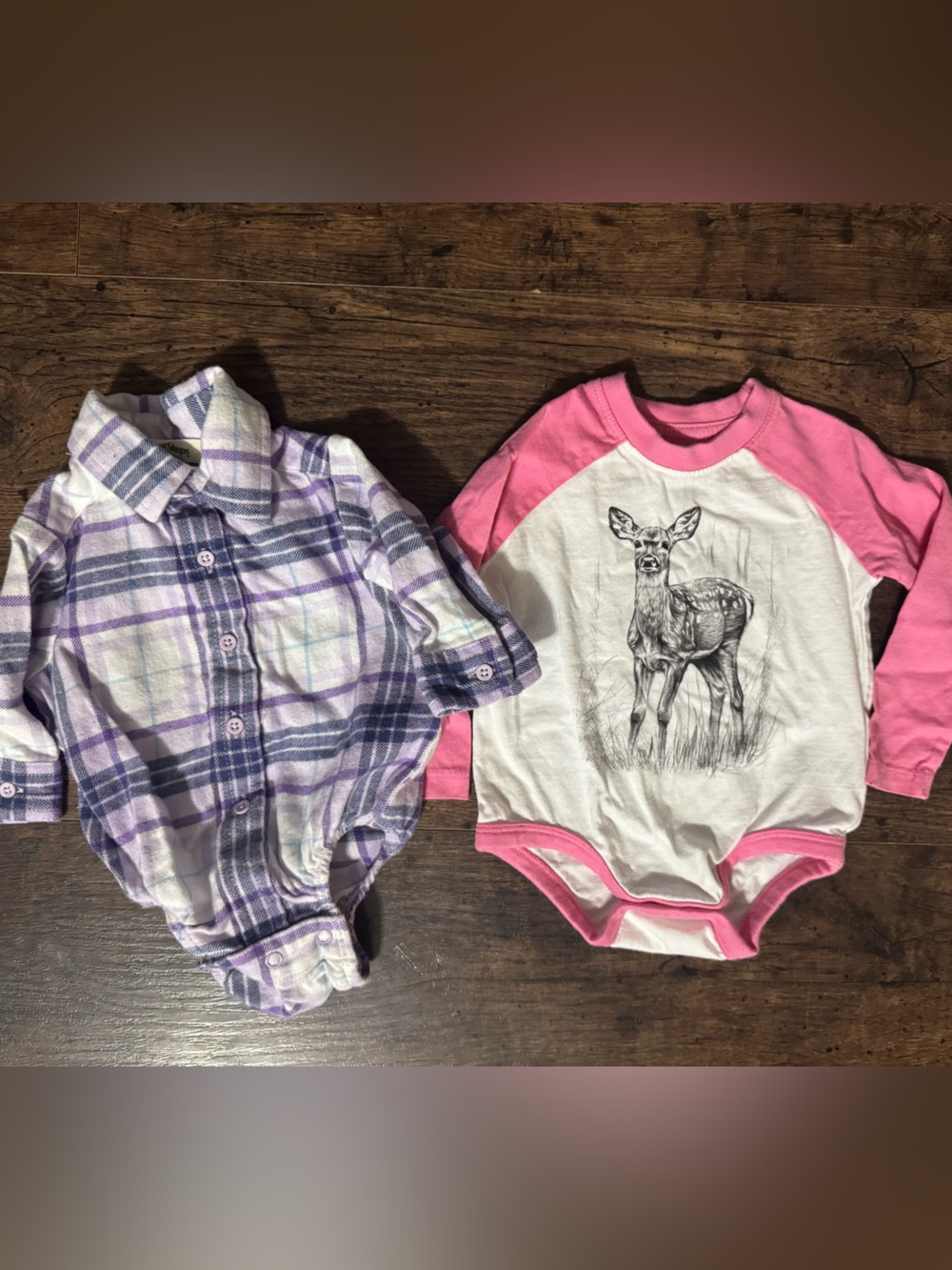 Baby Purple Plaid Button-Up & Pink Deer Long Sleeve Bodysuit Set